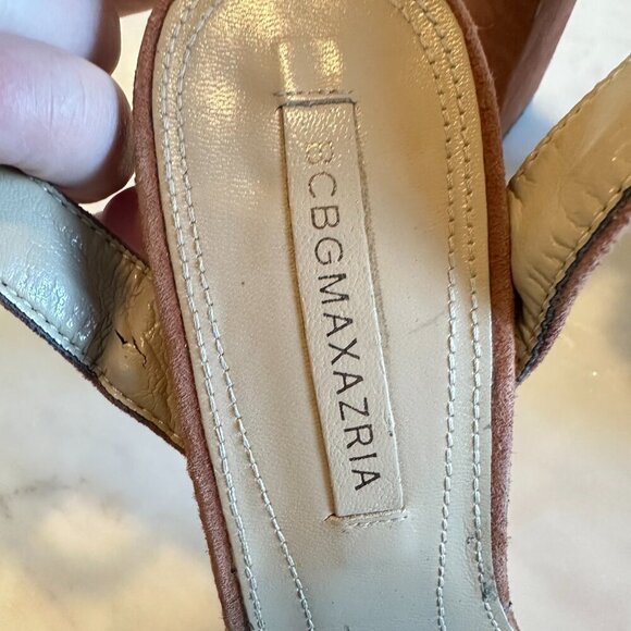 BCBG Maxazria Platform Brown Suede Criss Cross Sandal Heels Wedding Guest 39.5 - Picture 4 of 8